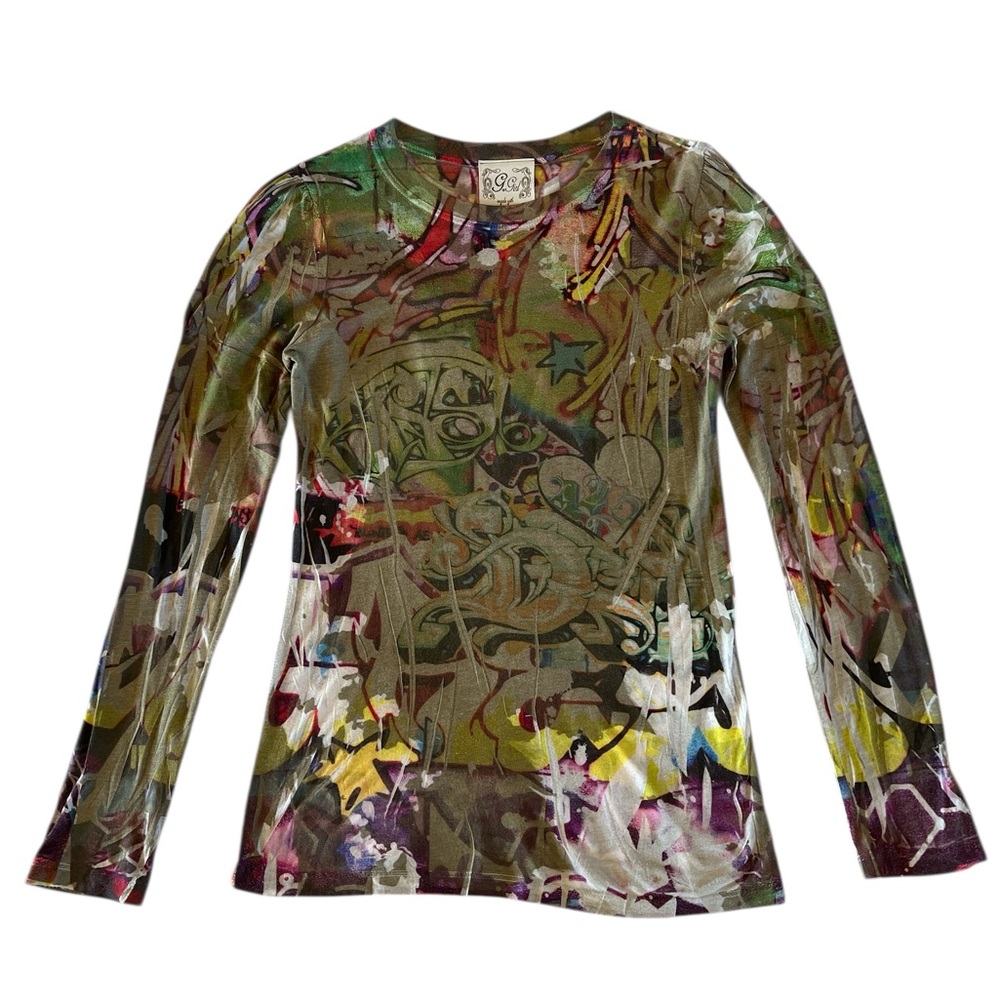 G G Girl Abstract Graphic Long Sleeve Top Artsy Y2K Knit Tee Graffiti Inspired